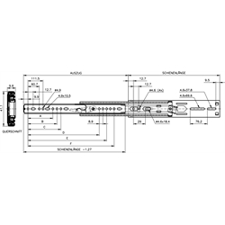 Auszugschienensatz DZ 2907 Schienenlänge 711mm hell verzinkt, Technische Zeichnung