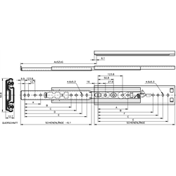 Auszugschienensatz DZ 3307 Schienenlänge 559mm hell verzinkt, Technische Zeichnung