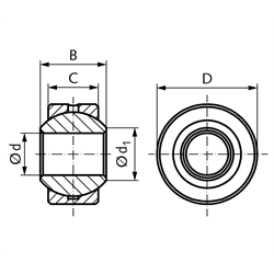 Gelenklager DIN ISO 12240-1-K Reihe G ohne Außenring Bohrung 6mm Außendurchmesser 16mm Edelstahl rostfrei == Vor Inbetriebnahme ist eine Erstschmierung erforderlich ==, Technische Zeichnung