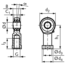 Gelenkkopf BR DIN ISO 12240-4 Maßreihe K Innengewinde M8 rechts mit Pendelkugellager, Technische Zeichnung