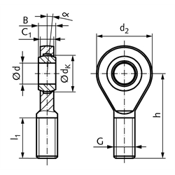 Gelenkkopf GAW DIN 12240-4 Maßreihe E Außengewinde M14 links wartungsfrei, Technische Zeichnung