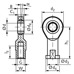 Gelenkkopf GEW DIN 12240-4 Maßreihe E Innengewinde M12 rechts wartungsfrei, Technische Zeichnung