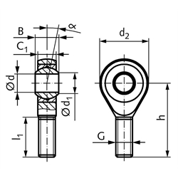 Gelenkkopf GT DIN ISO 12240-4 Maßreihe K Außengewinde M16 rechts wartungsfrei, Technische Zeichnung