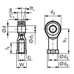 Gelenkkopf GT-R DIN ISO 12240-4 Maßreihe K Innengewinde M8 links wartungsfrei und rostfrei, Technische Zeichnung