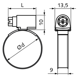 Schlauchschelle DIN 3017 A Typ W1 Stahl verzinkt Spannbereich 60-80mm Bandbreite 9mm, Technische Zeichnung