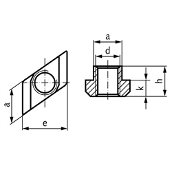 Mutter DIN 508 Rhombus für T-Nut 18mm DIN 650 Gewinde M10 Güteklasse 10, Technische Zeichnung