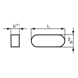 Passfeder DIN 6885-1 Form A 10 x 8 x 25 mm Material 1.4571, Technische Zeichnung