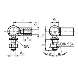 Winkelgelenk DIN 71802 Ausführung CS mit Sicherungsbügel Größe 10 Gewinde M6 rechts mit Mutter Edelstahl 1.4301, Technische Zeichnung