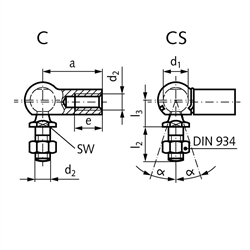 Winkelgelenk DIN 71802 Ausführung C Größe 16 Gewinde M10 rechts mit Mutter Stahl verzinkt, Technische Zeichnung