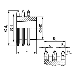 Dreifach-Kettenrad DRT 08 B-3 1/2x5/16" 19 Zähne Material Stahl für Taper-Spannbuchse Typ 1210, Technische Zeichnung
