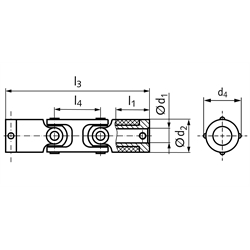 Doppel-Kreuzgelenk UKD beidseitig Bohrung 4mm Länge 50,8mm Enden mit Metallkappe , Technische Zeichnung