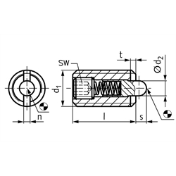 Federndes Druckstück M12 mit Bolzen und Innensechskant Edelstahl 1.4305, Technische Zeichnung