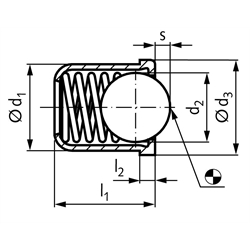 Federndes Druckstück d1=4mm Ausführung GN glatt Hülse und Kugel Edelstahl, Technische Zeichnung