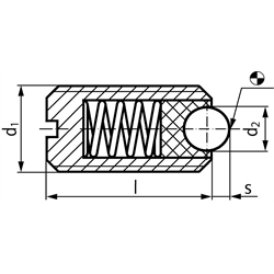 Federndes Druckstück M10 mit beweglicher Kugel und Schlitz verstärkt Stahl brüniert, Technische Zeichnung