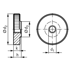 Flache Rändelmutter DIN 467 M4 Edelstahl 1.4305 , Technische Zeichnung