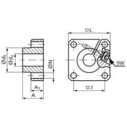 Flansch-Wellenbock GWF für Wellendurchmesser 40mm, Technische Zeichnung