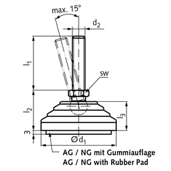 Gelenkfuss 344.5 Form NG M24 x 98mm lang Tellerdurchmesser 100mm Schraube aus Edelstahl , Technische Zeichnung
