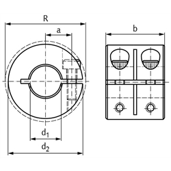 Geschlitzter Klemmring breit Stahl C45 brüniert Bohrung 20mm mit Schrauben DIN 912 12.9 , Technische Zeichnung