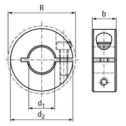 Geschlitzter Klemmring Edelstahl 1.4305 Bohrung 32mm mit Schraube DIN 912 A2-70 , Technische Zeichnung