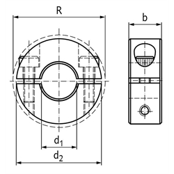 Geteilter Klemmring Edelstahl 1.4305 Bohrung 14mm mit Schrauben DIN 912 A2-70 , Technische Zeichnung