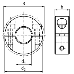 Geteilter Klemmring Aluminium Bohrung 0,375 Zoll = 9,525mm mit Schrauben DIN 912 A2-70, Technische Zeichnung