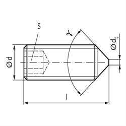 Gewindestift ISO 4027 (ex DIN 914) mit Innensechskant und Spitze Stahl 45H M10 x 20mm, Technische Zeichnung
