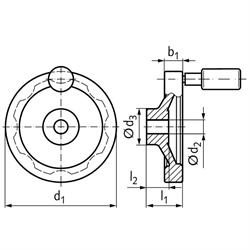 Scheiben-Handrad 323 Ausführung B/G mit drehbarem Griff Durchmesser 160mm , Technische Zeichnung