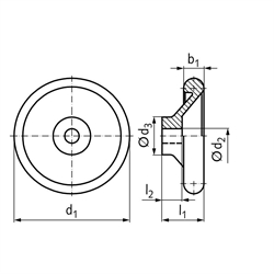 Scheiben-Handrad ähnlich DIN 950 aus Aluminium Durchmesser140mm , Technische Zeichnung