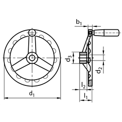 Speichen-Handrad aus Vollmaterial Edelstahl 1.4308 Ausführung B/G mit Griff Durchmesser 200mm, Technische Zeichnung