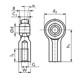 Gelenkkopf igus igubal KCRM-16-F Innen-Feingewinde M16x1,5 rechts, Technische Zeichnung