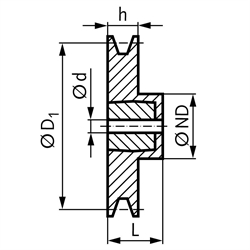 Keilriemenscheibe aus Aluminium Profil XPZ, SPZ und Z (10) 1-rillig Nenndurchmesser 125mm, Technische Zeichnung