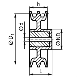 Keilriemenscheibe aus Aluminium Profil XPB, SPB und B (17) 2-rillig Nenndurchmesser 180mm, Technische Zeichnung