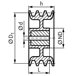 Keilriemenscheibe aus Aluminium Profil XPZ, SPZ und Z (10) 3-rillig Nenndurchmesser 90mm, Technische Zeichnung