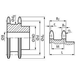 Doppel-Kettenrad ZRENG für 2 Einfach-Rollenketten 16 B-1 1"x17,02mm 13 Zähne Material Stahl Zähne gehärtet, Technische Zeichnung