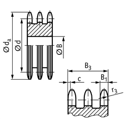 Dreifach-Kettenradscheibe DRL ohne Nabe 10 B-3 5/8x3/8" 16 Zähne Mat. Stahl , Technische Zeichnung