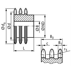 Dreifach-Kettenrad DRS mit einseitiger Nabe 16 B-3 1"x17,02mm 38 Zähne Mat. Grauguss , Technische Zeichnung