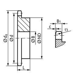Kettenrad KRG mit einseitiger Nabe 08 B-1 1/2x5/16" 25 Zähne Material Stahl Zähne induktiv gehärtet, Technische Zeichnung