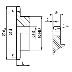 Kettenrad KRR mit einseitiger Nabe 12B-1 3/4x7/16" 20 Zähne Mat. 1.4301, Technische Zeichnung