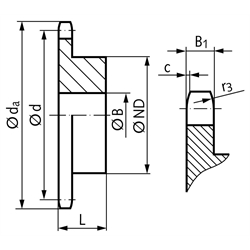 Kettenrad KRS mit einseitiger Nabe 16 B-1 1"x17,02mm 10 Zähne Mat. Stahl , Technische Zeichnung
