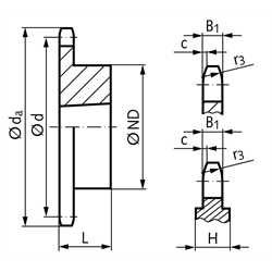 Kettenrad KRT 08 B-1 1/2x5/16" 45 Zähne Material Stahl für Taper-Spannbuchse Typ 2012 , Technische Zeichnung