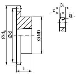 Kettenrad KRTG 12 B-1 3/4x7/16" 30 Zähne Material Stahl Verzahnung gehärtet für Taper-Spannbuchse Typ 2517 , Technische Zeichnung