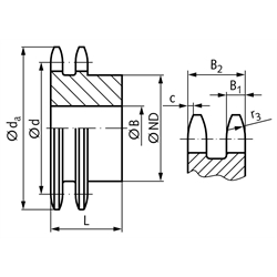 Zweifach-Kettenrad ZRS mit einseitiger Nabe 08 B-2 1/2x5/16" 16 Zähne Mat. Stahl , Technische Zeichnung