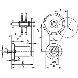 Kettenspanner für Zweifach-Rollenkette 12 B-2 3/4X7/16" bestehend aus 14052701 + 14080300, Technische Zeichnung