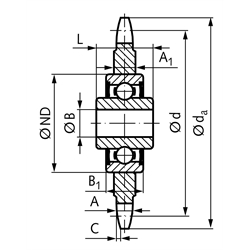 Kettenspannrad KSP 10 B-1 5/8x3/8" 13 Zähne mit Kugellager , Technische Zeichnung
