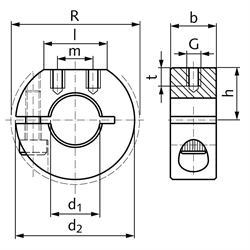 Geschlitzter Klemmring aus Stahl C45 brüniert Bohrung 35mm mit Schraube DIN 912 12.9 Ausf. GR, Technische Zeichnung