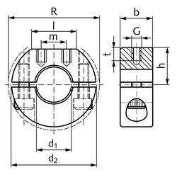 Geteilter Klemmring aus Stahl C45 brüniert Bohrung 14mm mit Schrauben DIN 912 12.9 Ausf. GR, Technische Zeichnung