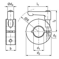 Geschlitzter Klemmring Stahl C45 brüniert Bohrung 6mm mit verstellbarem Klemmhebel M3 x 10 Länge 22mm, Technische Zeichnung