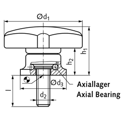 Kreuzgriffschraube mit Axiallager Thermoplast Durchmesser 40mm M6 x 15mm , Technische Zeichnung