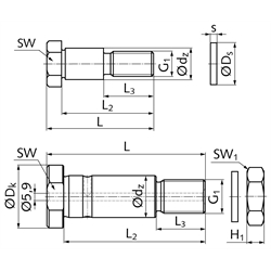 Zapfen zentrisch LFZ12x45A1 dw 12mm Zapfendurchm. 12mm Länge 50mm, Technische Zeichnung