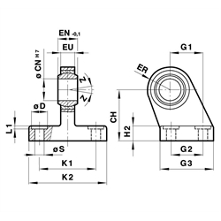 Lagerbock mit Gelenklager für Zylinderdurchmesser 50mm Gegenlager für Gabelbefestigung , Technische Zeichnung